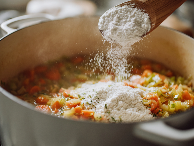 Stirring flour into vegetables to thicken sweet potato chowder