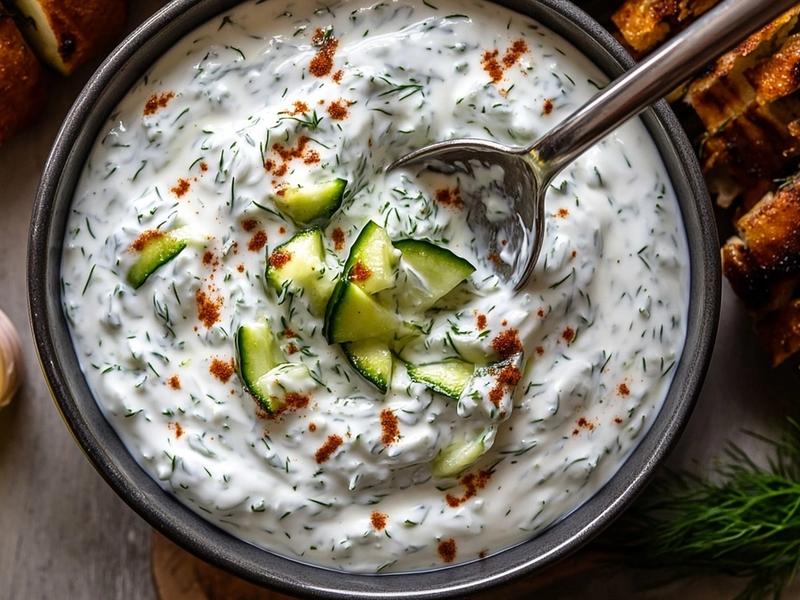 Stir the grated, squeezed-dry cucumber into the Greek yogurt with the last clove of garlic