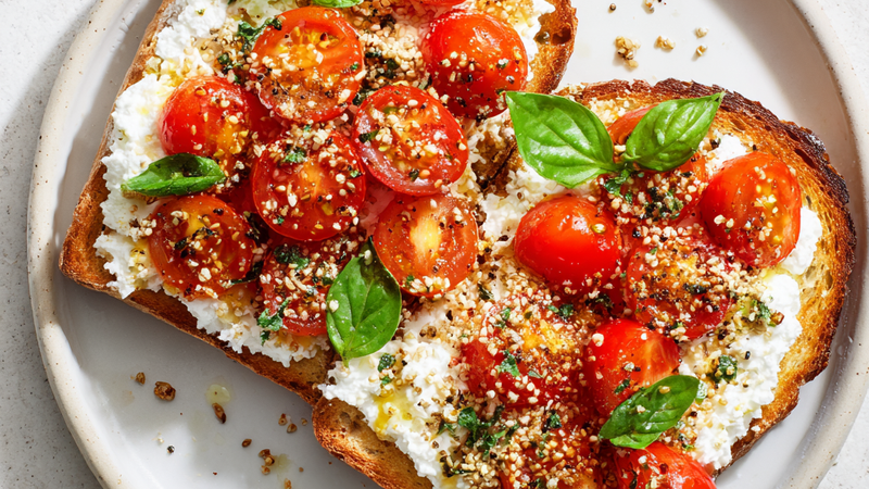 Cottage cheese tomato toast topped with everything bagel seasoning on sourdough