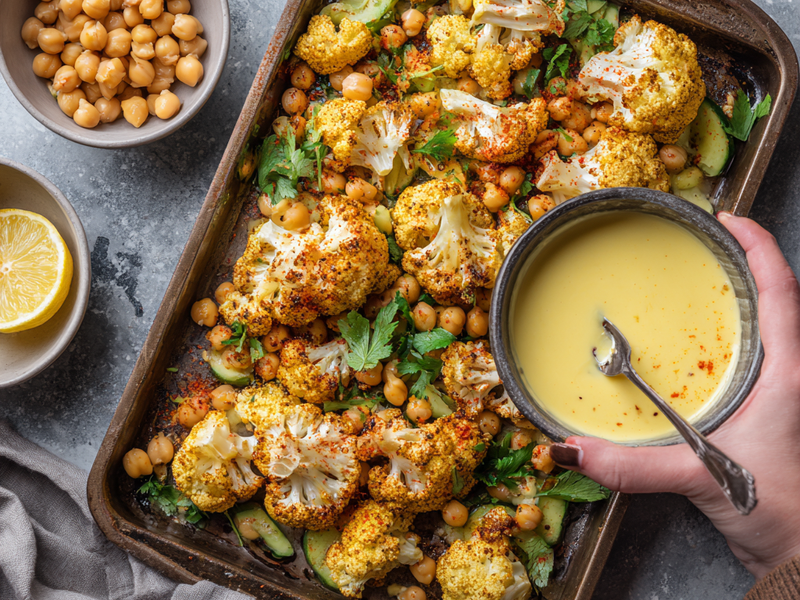 Za’atar roasted cauliflower added on top of chickpeas and cucumber.