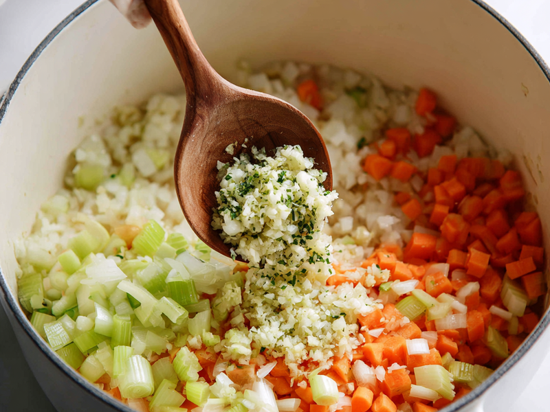 Adding minced garlic to sautéed vegetables for sweet potato chowder