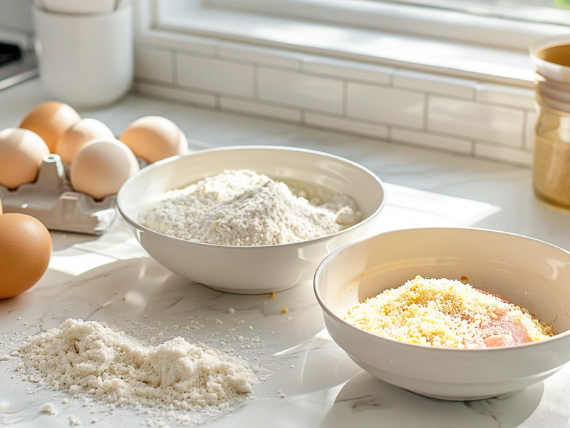 Breading station with flour, eggs, and panko parmesan mixture for chicken parmesan