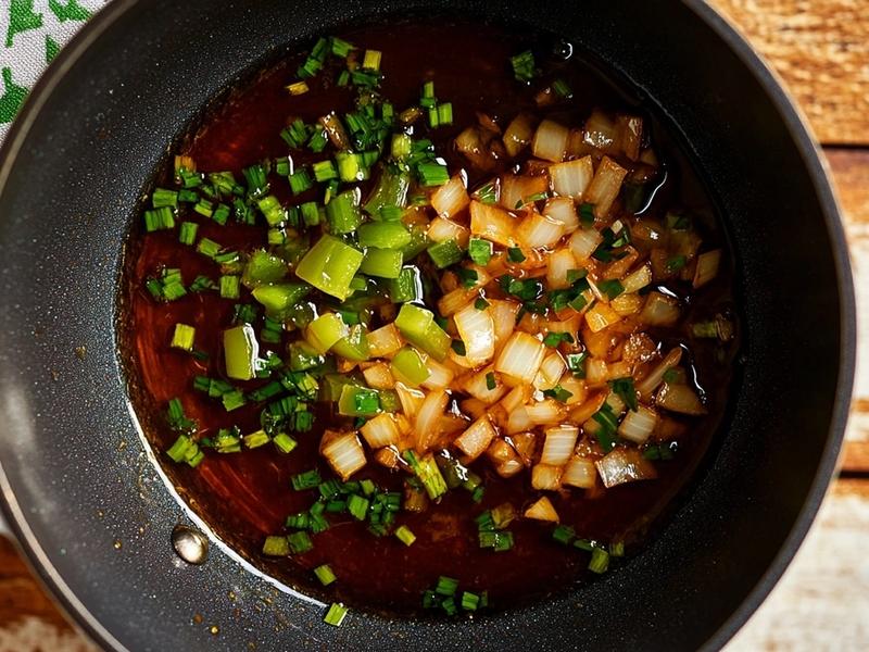 Finely diced onion, green pepper and garlic softening in olive oil in a saucepan