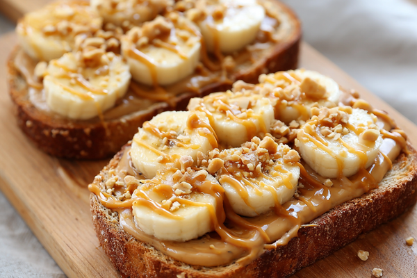 Peanut butter banana toast topped with sliced bananas and honey drizzle on toasted bread