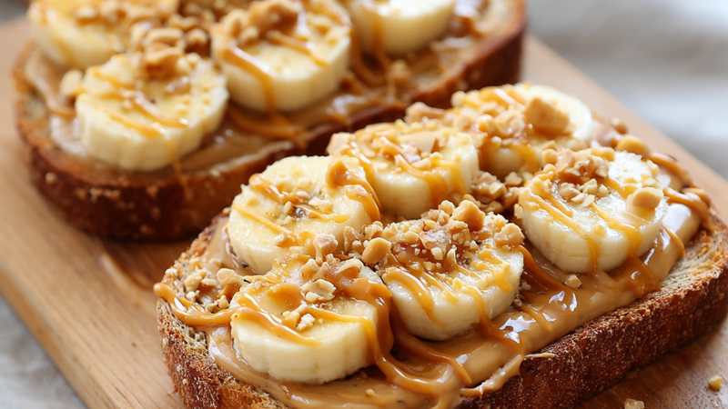 Peanut butter banana toast topped with sliced bananas and honey drizzle on toasted bread