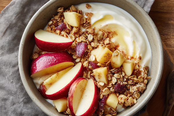 Greek yogurt bowl with sliced apples, cinnamon, and honey drizzle, healthy breakfast