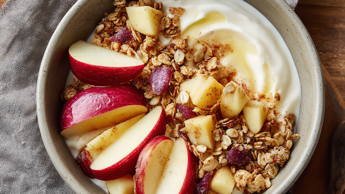Greek yogurt bowl with sliced apples, cinnamon, and honey drizzle, healthy breakfast