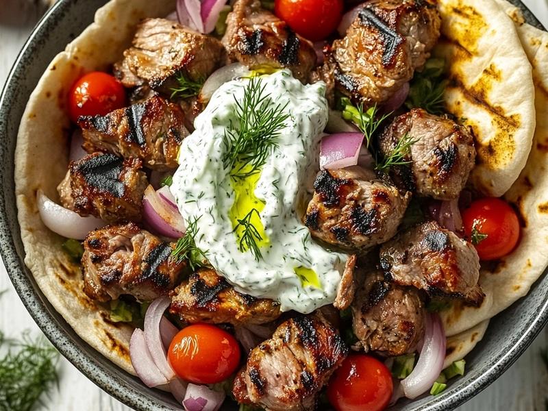 Pile the charred pork onto the bowls, add a generous spoonful of tzatziki, and scatter wit