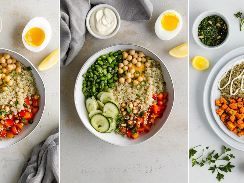 Collage showing power bowl variations including adding edamame or chickpeas, swapping roasted vegetables, and making a vegan yogurt tahini lemon sauce