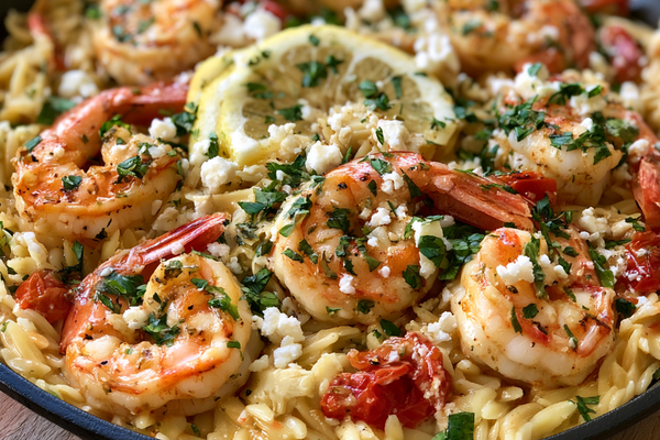 Greek Lemon Shrimp with Orzo and Feta