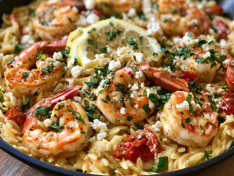 Finished Greek lemon shrimp with orzo, feta, herbs, and cherry tomatoes.