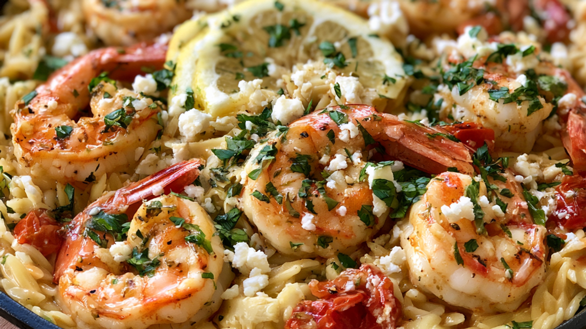 Greek Lemon Shrimp with Orzo and Feta