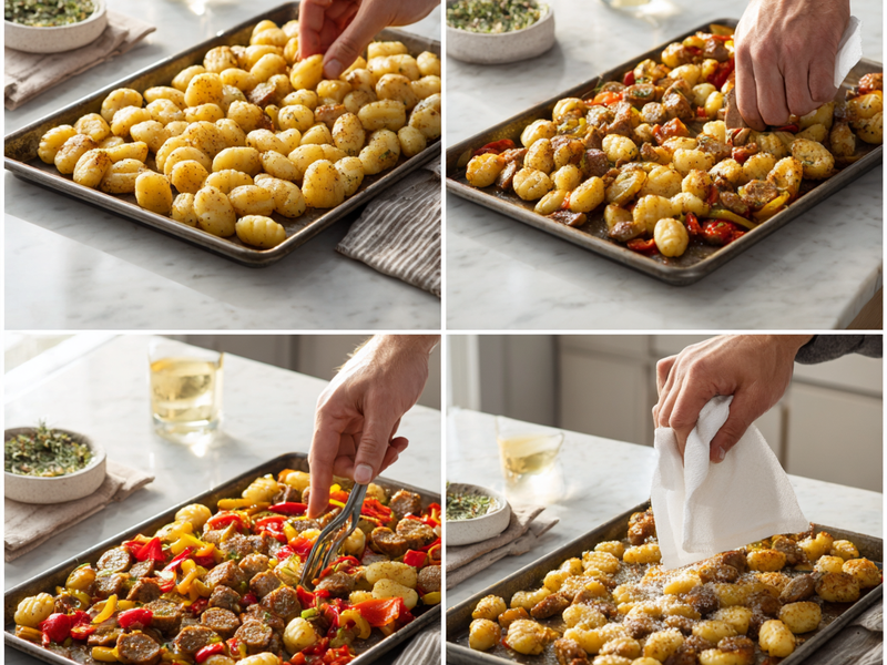 Visual guide showing spacing, flipping halfway, and blotting fat for crispy sheet-pan gnocchi