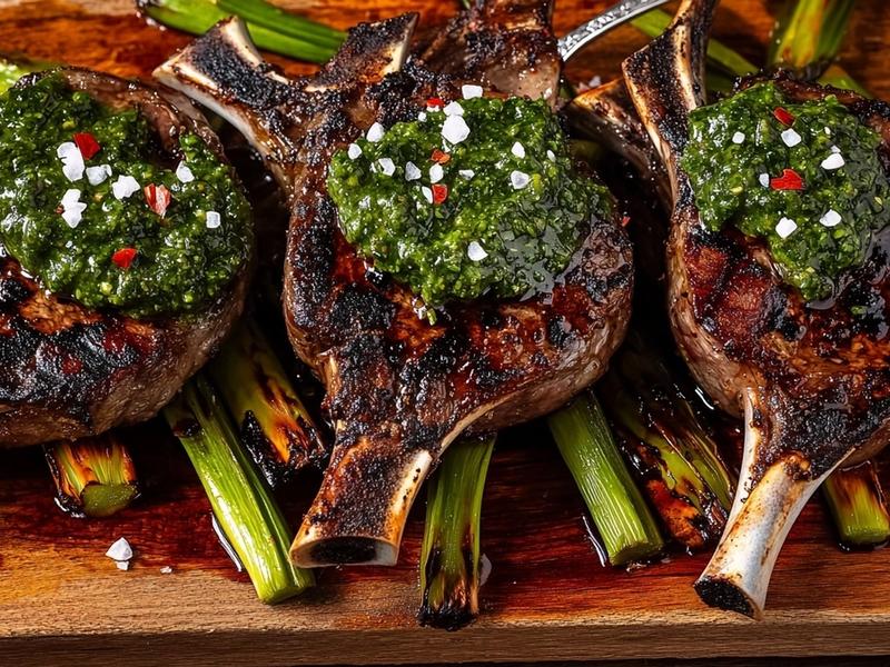 Seared lamb chops piled over blistered scallions with green chimichurri spooned over the top