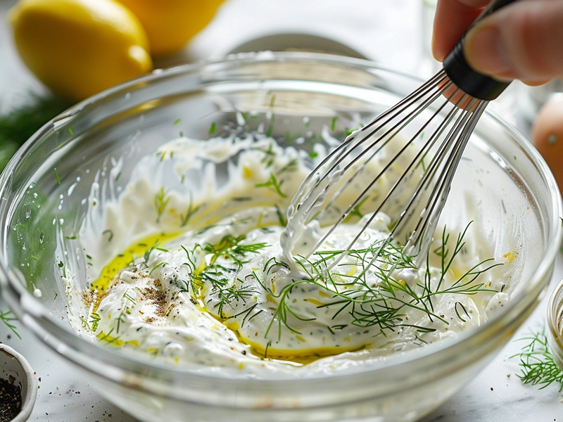Whisking Greek yogurt dill dressing with lemon and black pepper in a bowl