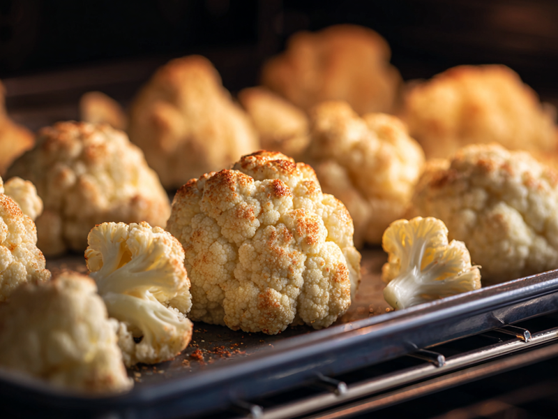 Fresh cauliflower florets arranged on a baking tray before seasoning.