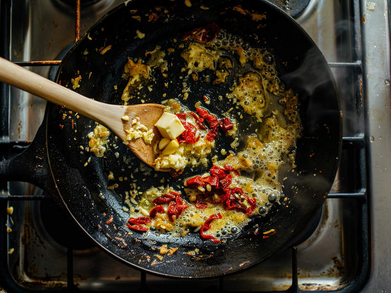 Garlic and sun-dried tomatoes sautéing in a skillet for creamy marry me chicken sauce