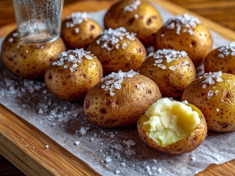 Smash each potato flat with a glass until skins crack, then pat dry.