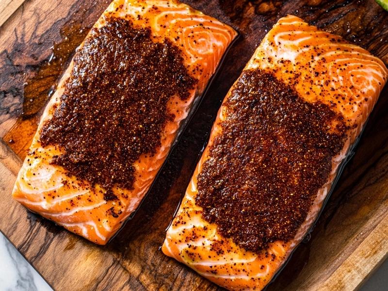 Salmon fillets rubbed with dark mahogany jerk paste resting on a plate
