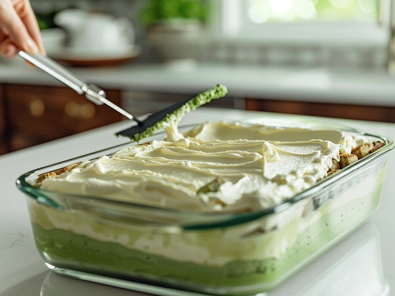 Spreading mascarpone cream over matcha-soaked ladyfingers in a dish