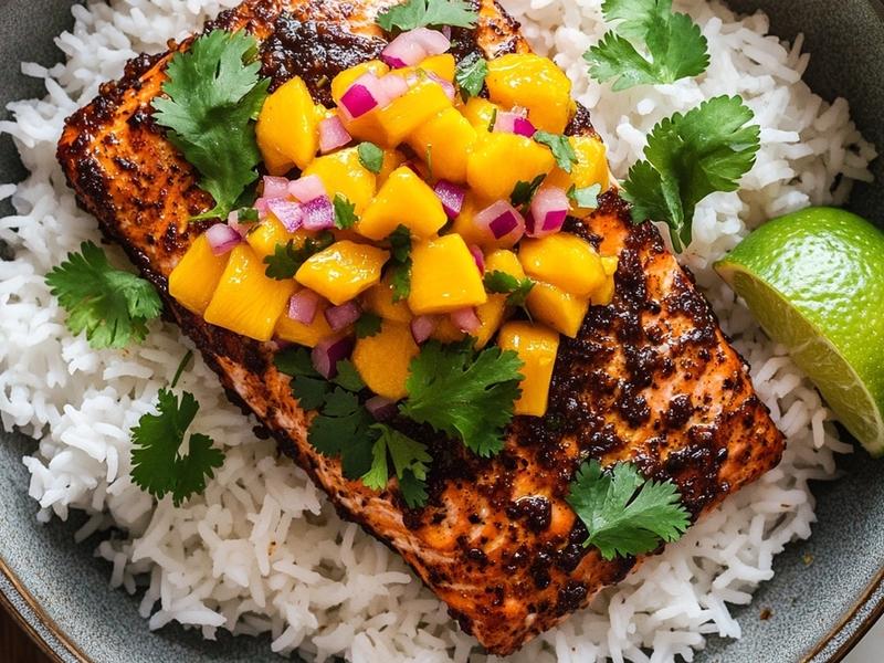 Plated jerk salmon over coconut rice topped with mango salsa and lime