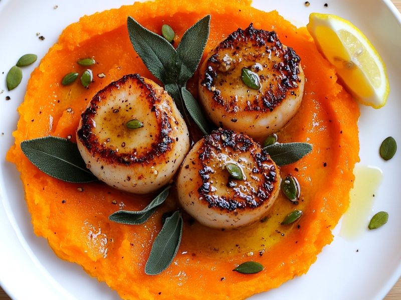 Seared scallops on butternut purée with brown butter, sage and pumpkin seeds