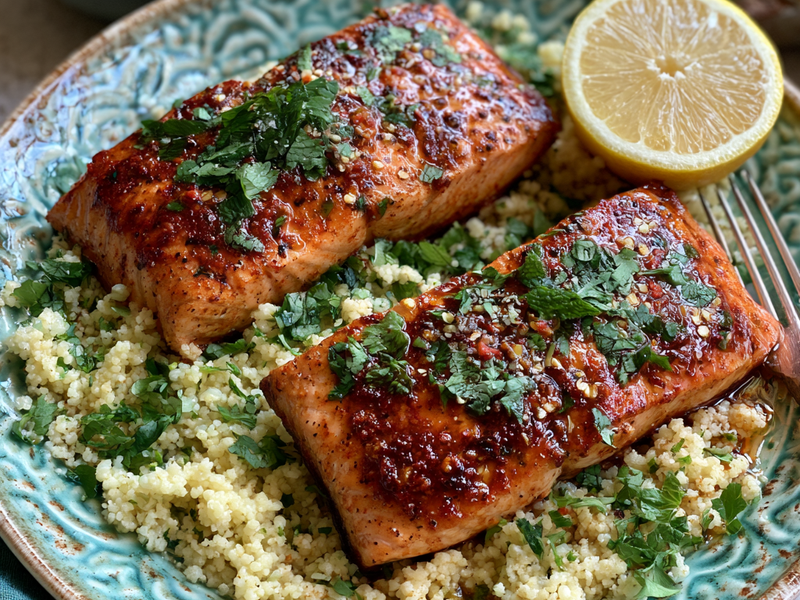 Salmon fillets coated with a bright red harissa glaze.