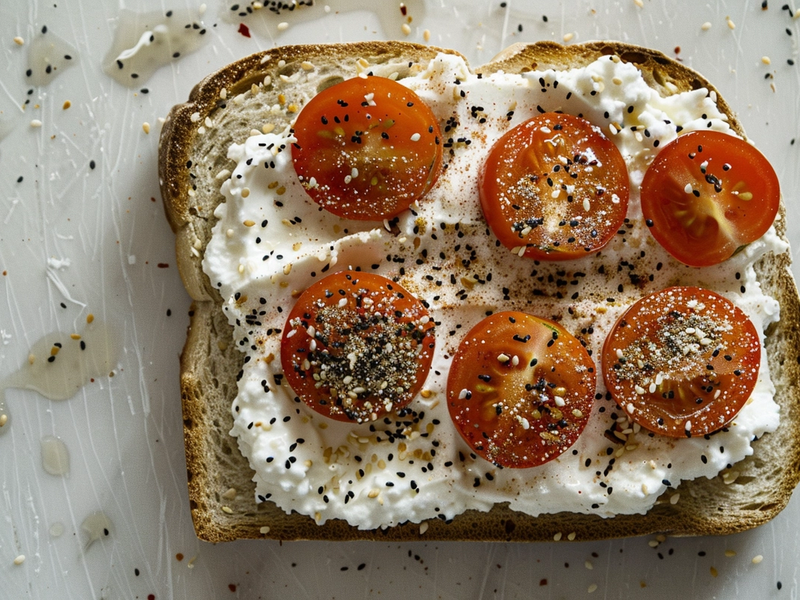 Sprinkling everything bagel seasoning over cottage cheese and tomato toast