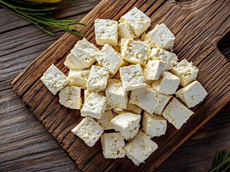 Raw uncooked white tofu crumbled into ragged uneven pieces on a wooden board, pale and undressed before cooking