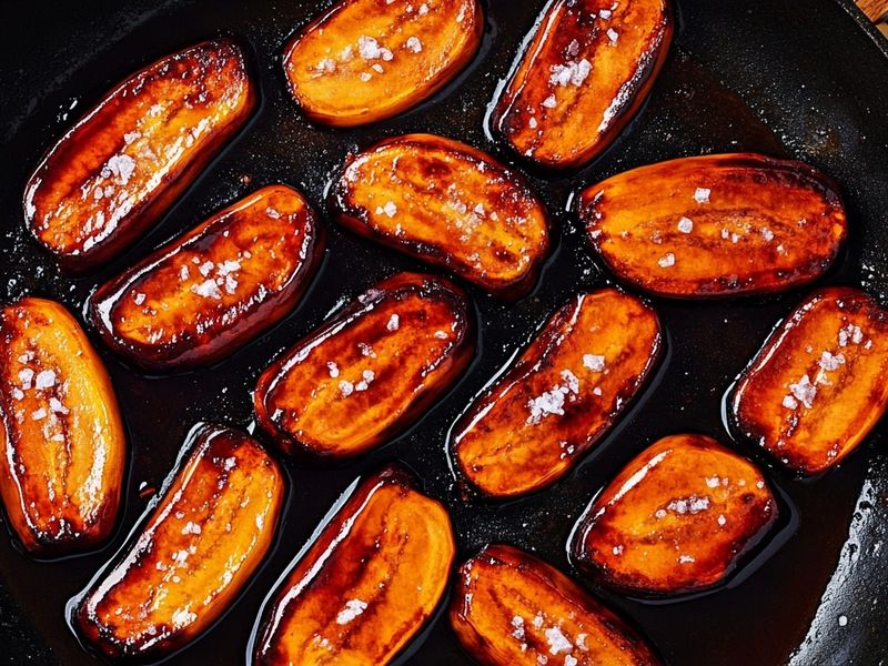 Diagonal slices of ripe plantain caramelizing to deep amber in a skillet