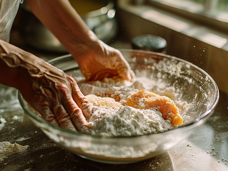 Dredging a chicken cutlet in flour before breading for air-fryer chicken parmesan