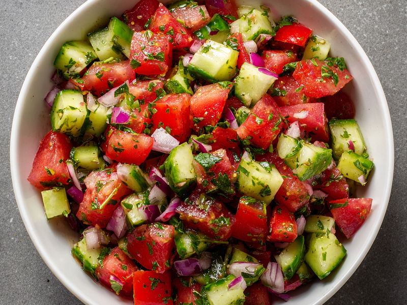 Fresh Shirazi cucumber tomato salad chilling in a bowl before serving.