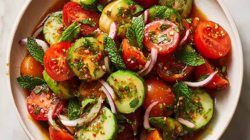 Persian Shirazi cucumber tomato salad with diced cucumbers, tomatoes, red onion, herbs, and lemon dressing in a serving bowl.