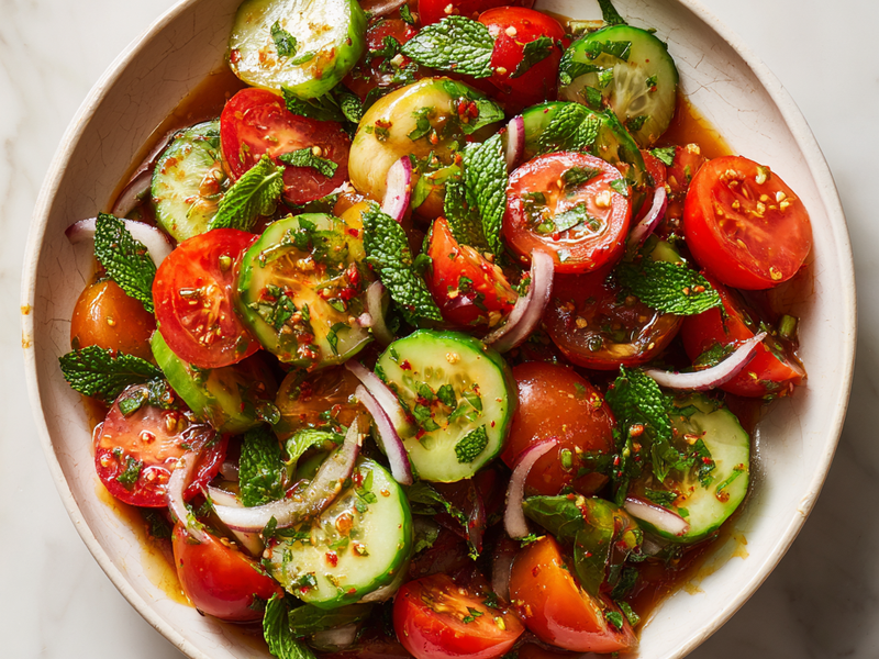 Finished Persian Shirazi salad served fresh as a colorful side dish.