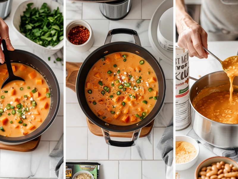 Collage showing sweet potato chowder variations including spicy jalapeño, lighter milk-based, and vegetarian with white beans