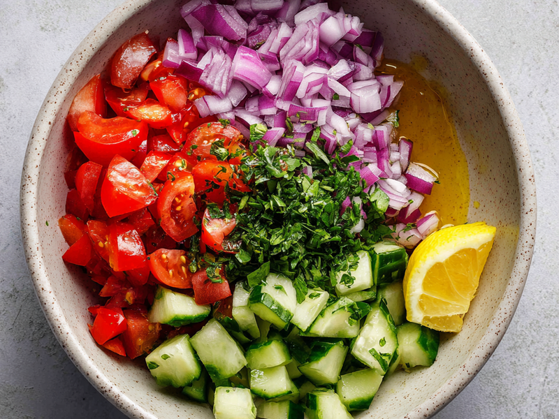Olive oil and fresh lemon juice being drizzled over the salad ingredients.