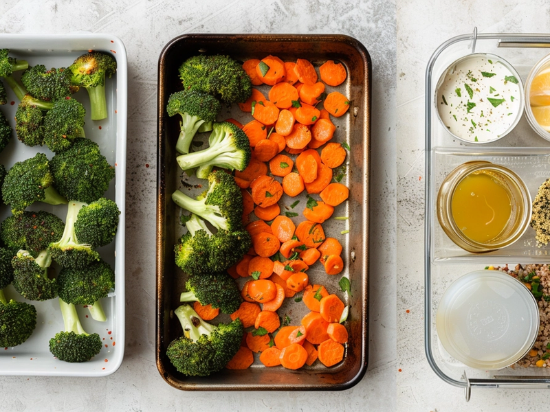 Collage showing roasting vegetables with space for browning, thinning yogurt tahini sauce with water and lemon, and storing sauce separately for meal prep