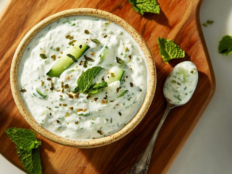 Bowl of creamy mint and cucumber raita