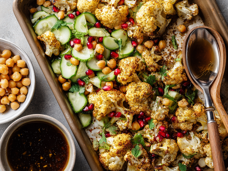 Tahini sauce drizzled over a roasted cauliflower bowl with pomegranate seeds.