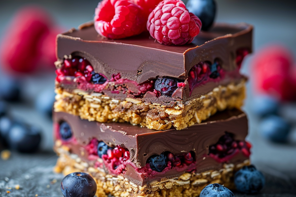 Berry fudge bars with chocolate base and berry swirl cut into squares on parchment