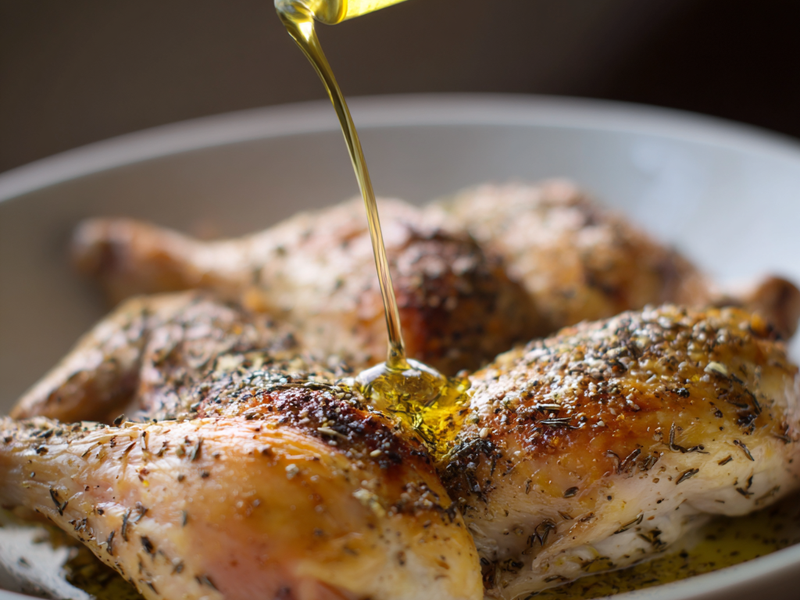 Season chicken with salt, pepper, and a little olive oil.