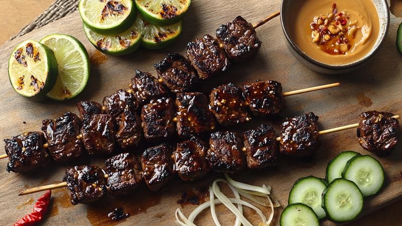 Indonesian Beef Satay with Charred Lime and Peanut Sauce