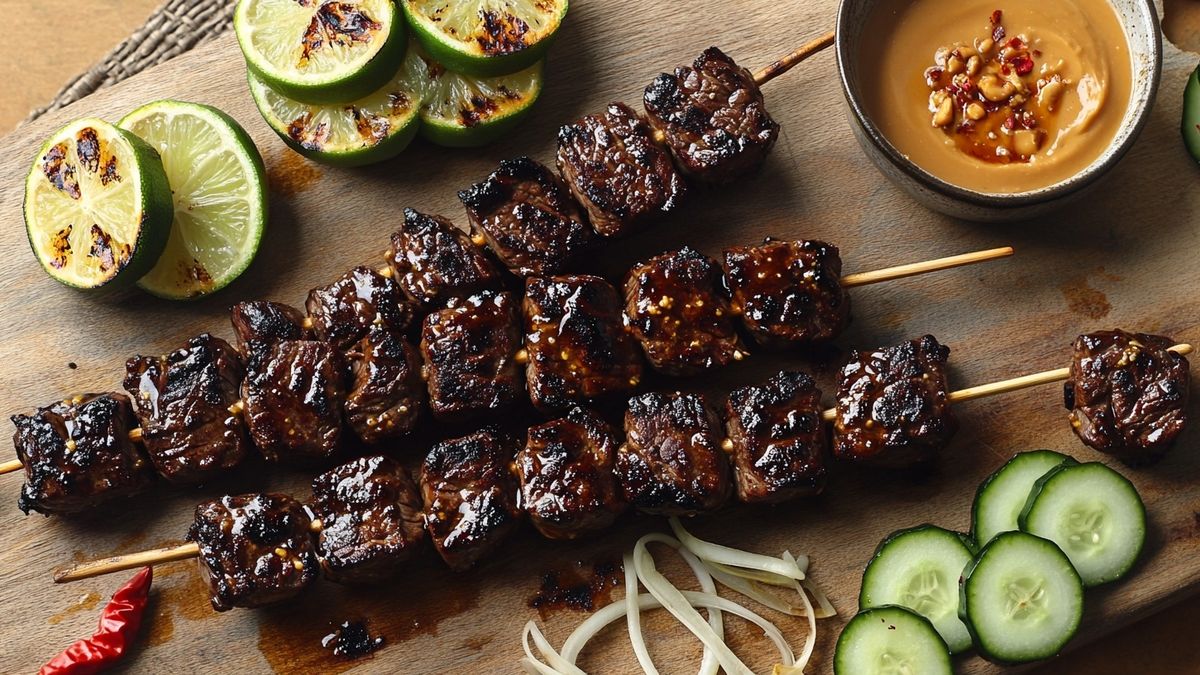 Indonesian Beef Satay with Charred Lime and Peanut Sauce