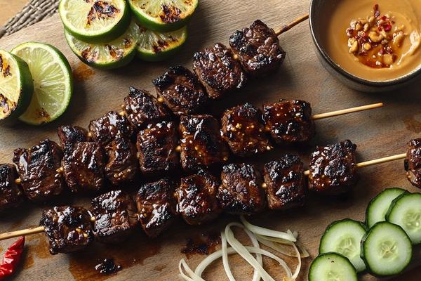 Indonesian Beef Satay with Charred Lime and Peanut Sauce