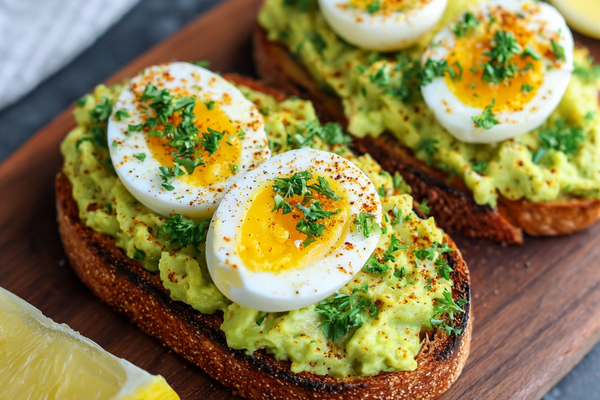 Creamy avocado egg toast topped with jammy eggs on crispy whole grain bread