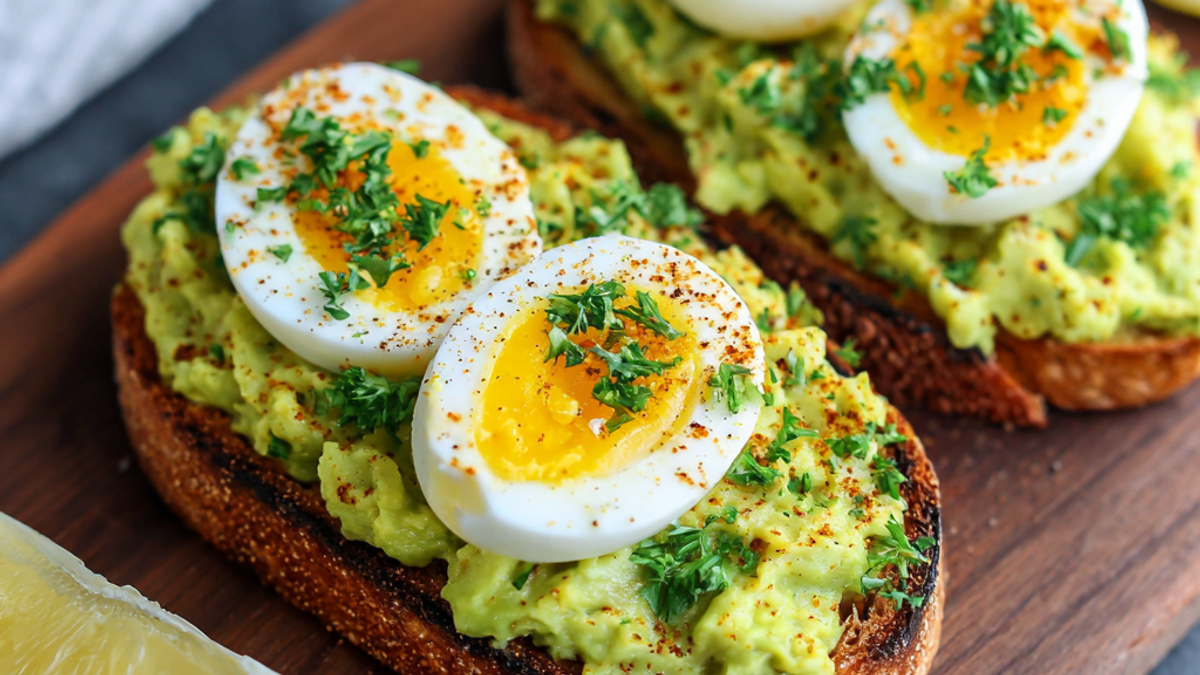 Creamy avocado egg toast topped with jammy eggs on crispy whole grain bread
