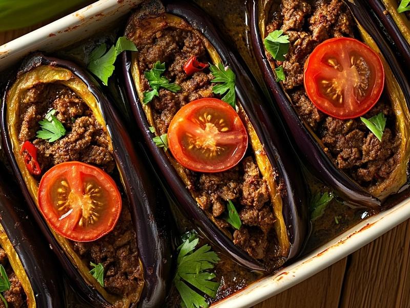 Roasted eggplants split open and heaped with spiced beef filling, topped with tomato rounds and green pepper in a baking dish