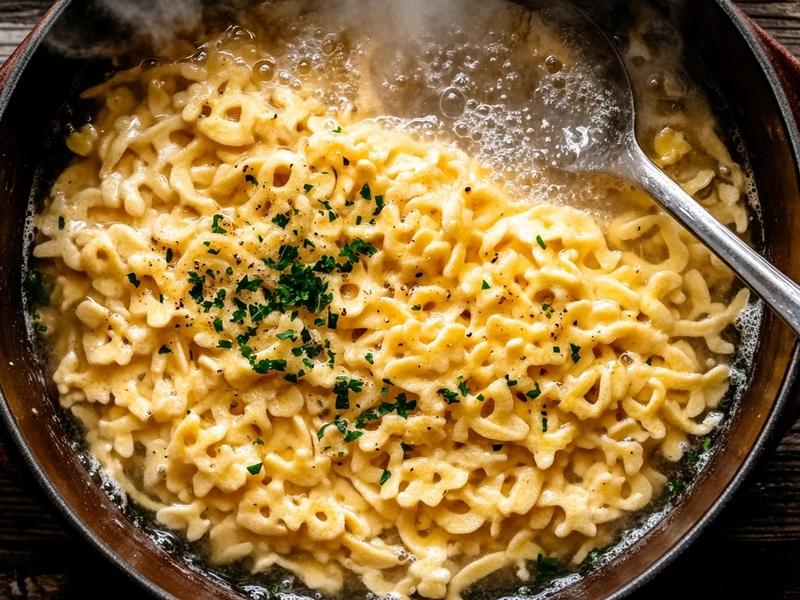 Small irregular spatzle noodles floating in bubbling salted water in a wide pot