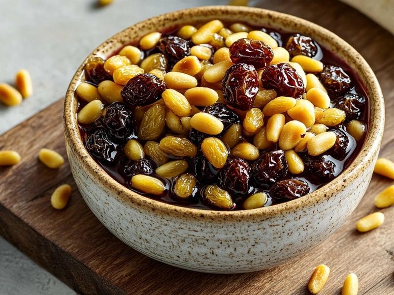 Golden toasted pine nuts and plump golden raisins soaking in red wine vinegar in a small bowl