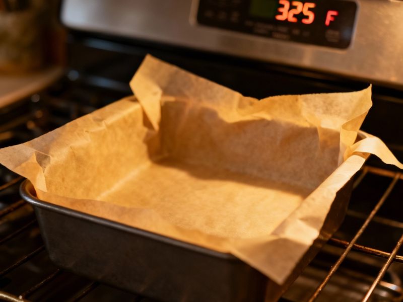 8x8 inch baking pan lined with parchment paper sitting on an oven rack preheated to 325 F.